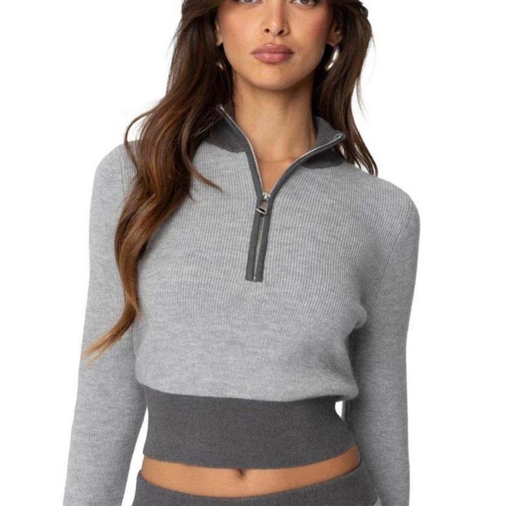 Brand New With Tags: Edikted Gray Half-Zip Knit Sweater, Juniors XL